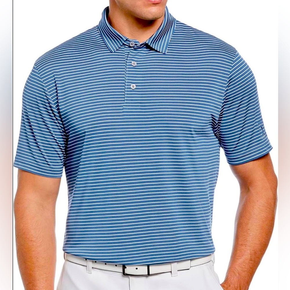 PGA TOUR Men's Feeder Stripe Short Sleeve Golf Polo Shirt, Real Teal, Small